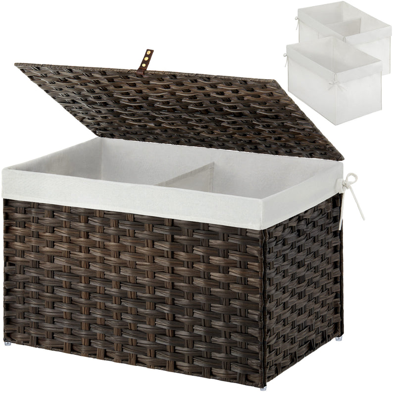 GREENSTELL Storage Basket with Lid, Wicker Basket with Lid, Handwoven Blanket Storage Basket with Handles, Removable Cotton Liner, Metal Frame, Foldable for Bedroom, Laundry Room