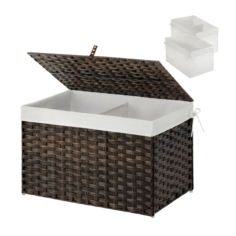 GREENSTELL Storage Basket with Lid, Wicker Basket with Lid, Handwoven Blanket Storage Basket with Handles, Removable Cotton Liner, Metal Frame, Foldable for Bedroom, Laundry Room