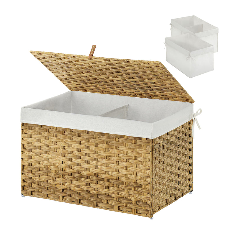 GREENSTELL Storage Basket with Lid, Wicker Basket with Lid, Handwoven Blanket Storage Basket with Handles, Removable Cotton Liner, Metal Frame, Foldable for Bedroom, Laundry Room