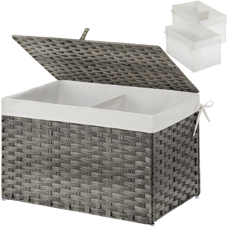 GREENSTELL Storage Basket with Lid, Wicker Basket with Lid, Handwoven Blanket Storage Basket with Handles, Removable Cotton Liner, Metal Frame, Foldable for Bedroom, Laundry Room