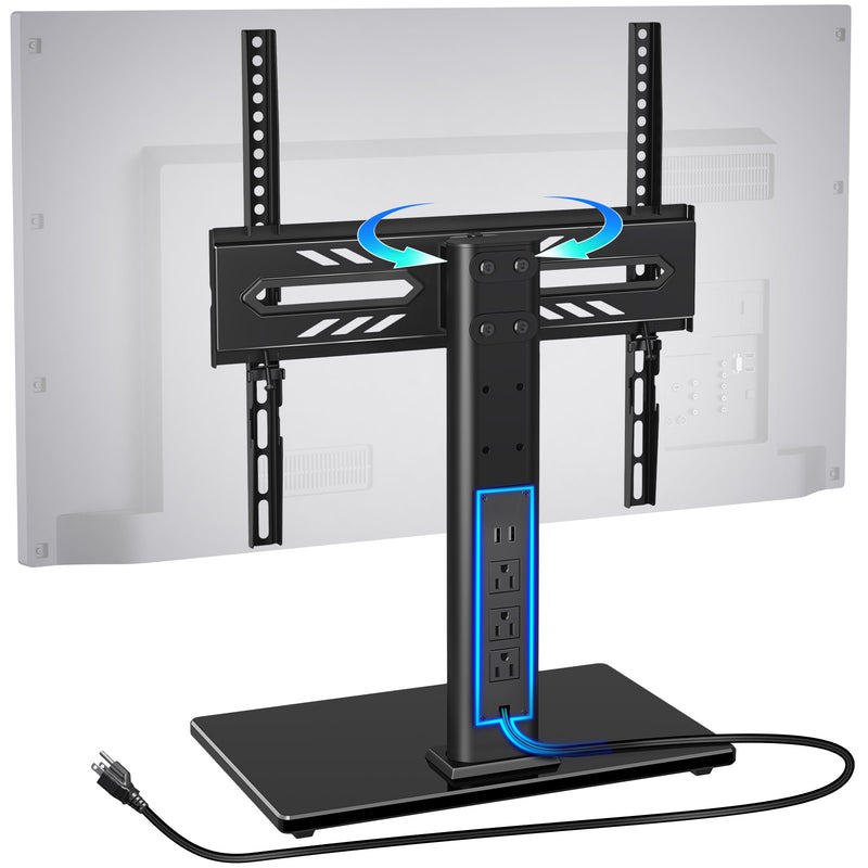 Greenstell TV Stand with Power Outlet, Universal TV Mount Stand for 27-65 inch TVs, Height Adjustable, Swivel Table Top TV Stand with Tempered Glass Base, Holds up to 88 LBs, Max VESA 400x400mm