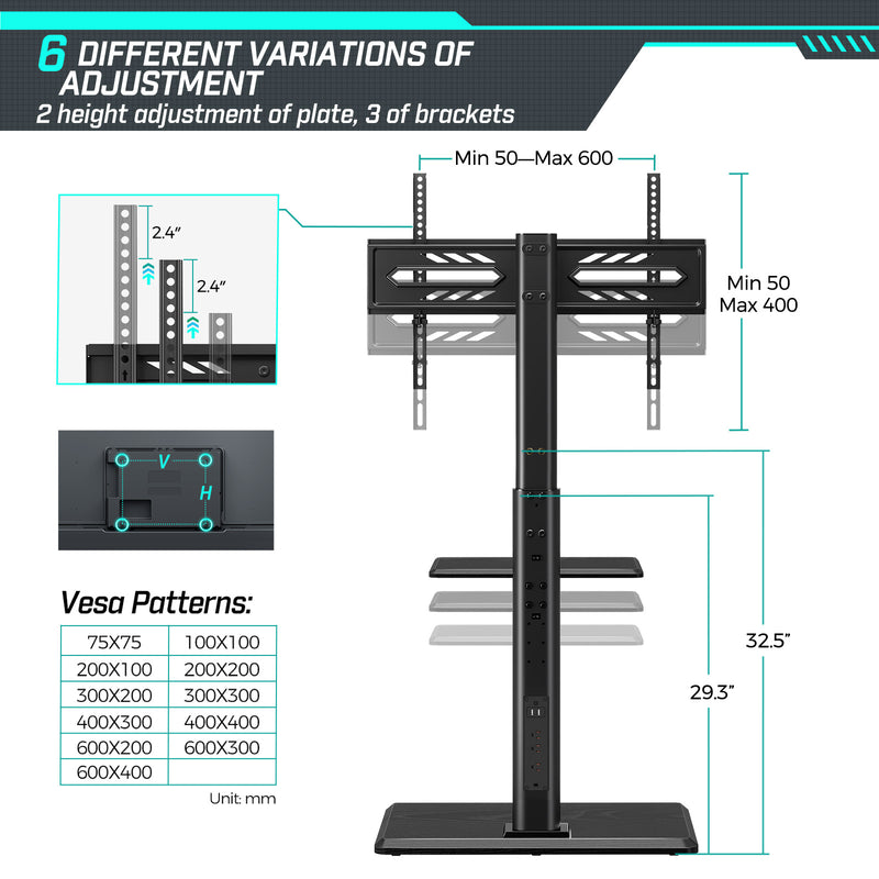 Greenstell TV Stand with Power Outlet & AV Shelf, Universal Floor TV Stand for 32-75 inch TV, Swivel Tall TV Mount Stand, Holds up to 110 LBs,Height Adjustable and Wood Base, Max VESA 600x400mm,Black