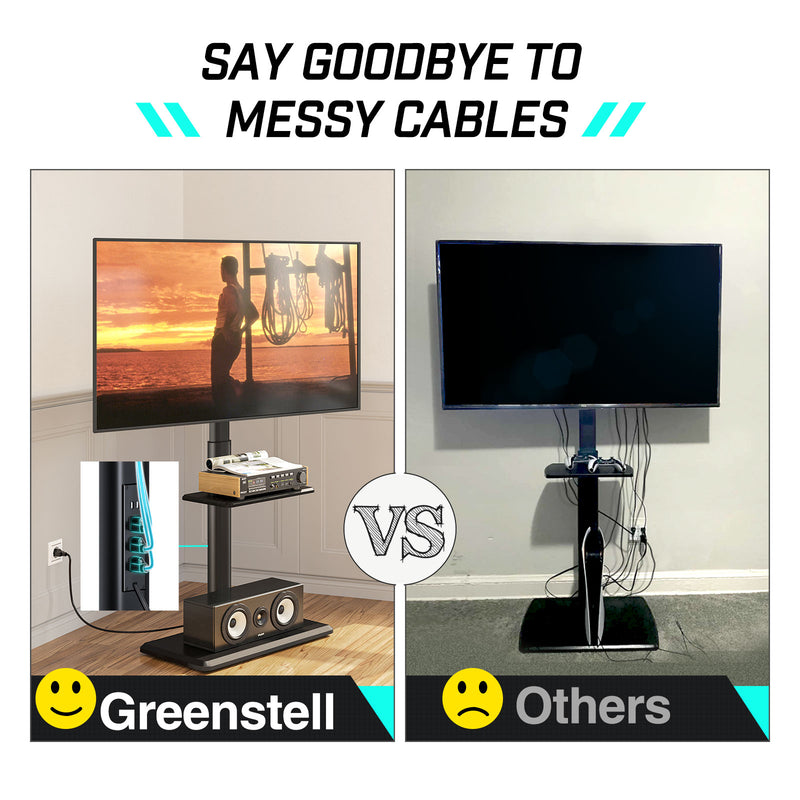 Greenstell TV Stand with Power Outlet & AV Shelf, Universal Floor TV Stand for 32-75 inch TV, Swivel Tall TV Mount Stand, Holds up to 110 LBs,Height Adjustable and Wood Base, Max VESA 600x400mm,Black