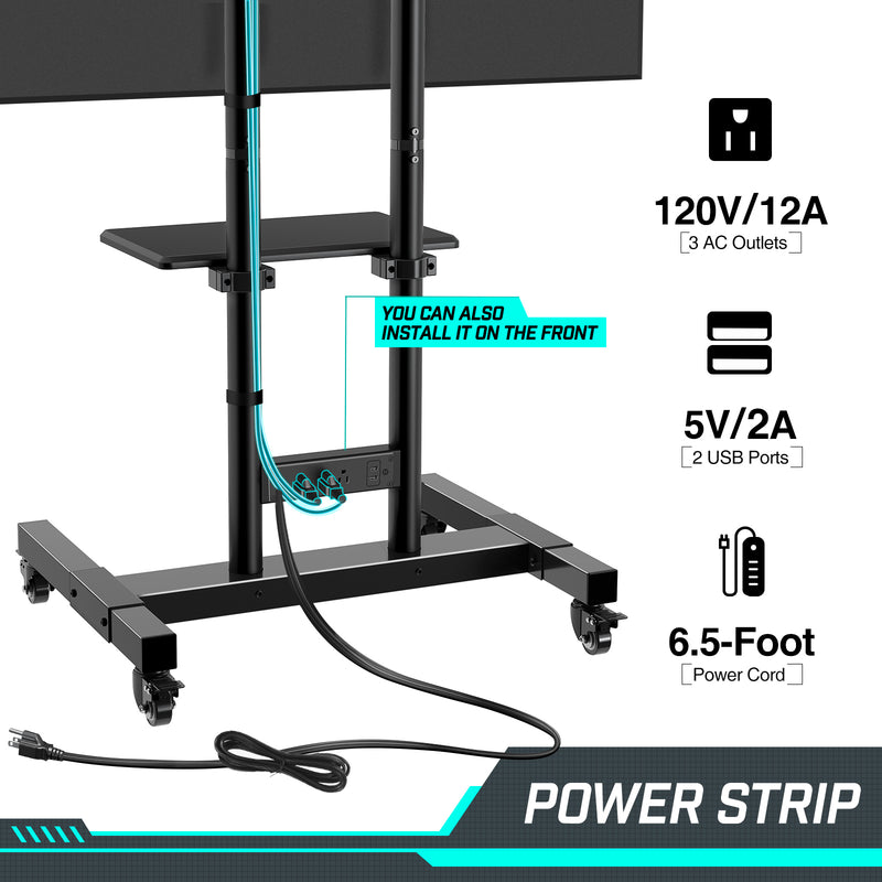 GREENSTELL TV Stand with Power Outlet, Mobile TV Cart on Wheels for 32-85 inch LED LCD Flat Curved Panel Screen TVs, up to 132lbs, Height Adjustable Rolling TV Stand with AV Shelf, Max VESA 600x400mm
