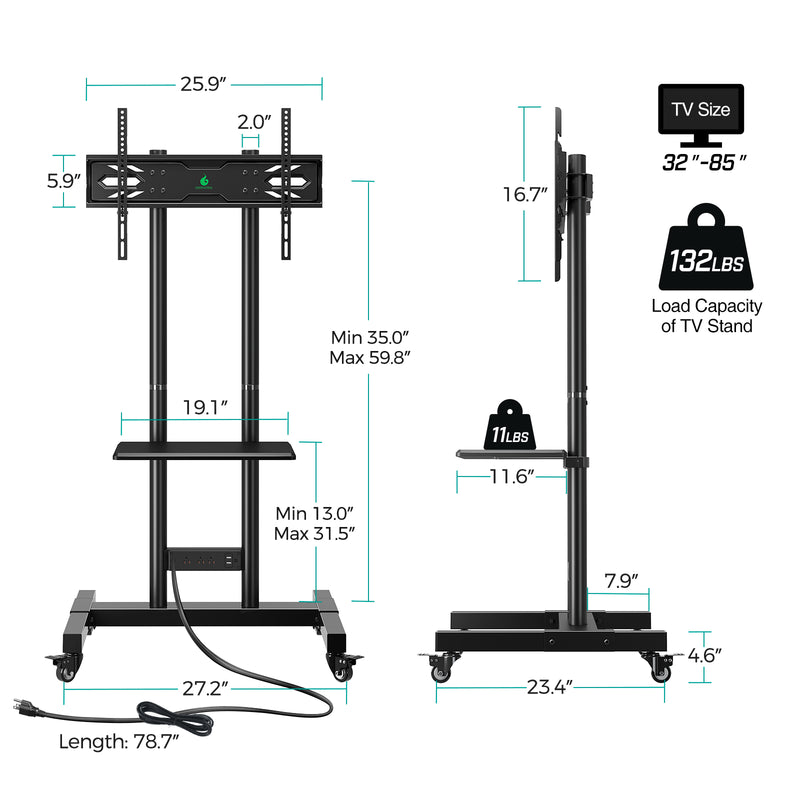 GREENSTELL TV Stand with Power Outlet, Mobile TV Cart on Wheels for 32-85 inch LED LCD Flat Curved Panel Screen TVs, up to 132lbs, Height Adjustable Rolling TV Stand with AV Shelf, Max VESA 600x400mm