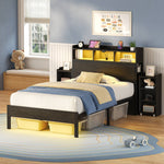 Greenstell Bed Frame with Storage Cabinet and Headboard, Wood Bed with LED Light, Bedframe with Charging Station