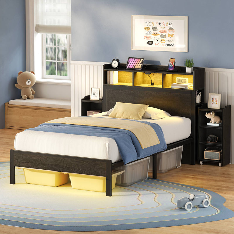 Greenstell Bed Frame with Storage Cabinet and Headboard, Wood Bed with LED Light, Bedframe with Charging Station