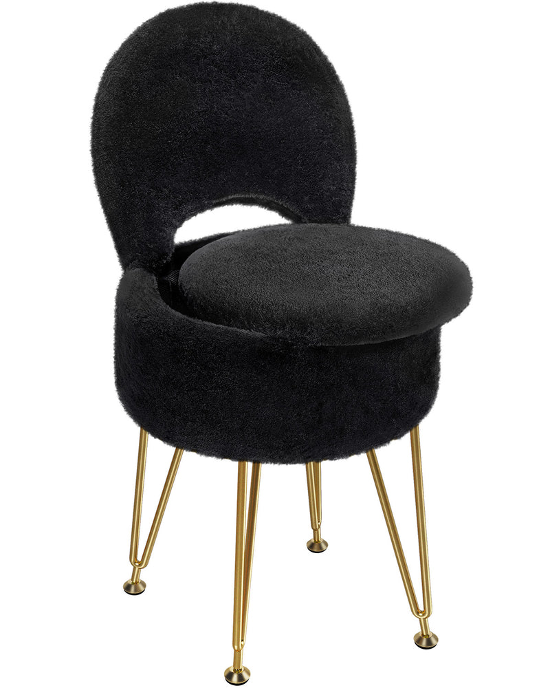 GREENSTELL Small Vanity Stool Chair with Storage and Folding Back, 13" x 13" x 17.7" Faux Fur Soft Ottoman for Teenager, 4 Metal Legs with Anti-Slip Feet, Furry Padded Seat for Makeup, Bedroom