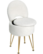 GREENSTELL Small Vanity Stool Chair with Storage and Folding Back, 13" x 13" x 17.7" Faux Fur Soft Ottoman for Teenager, 4 Metal Legs with Anti-Slip Feet, Furry Padded Seat for Makeup, Bedroom