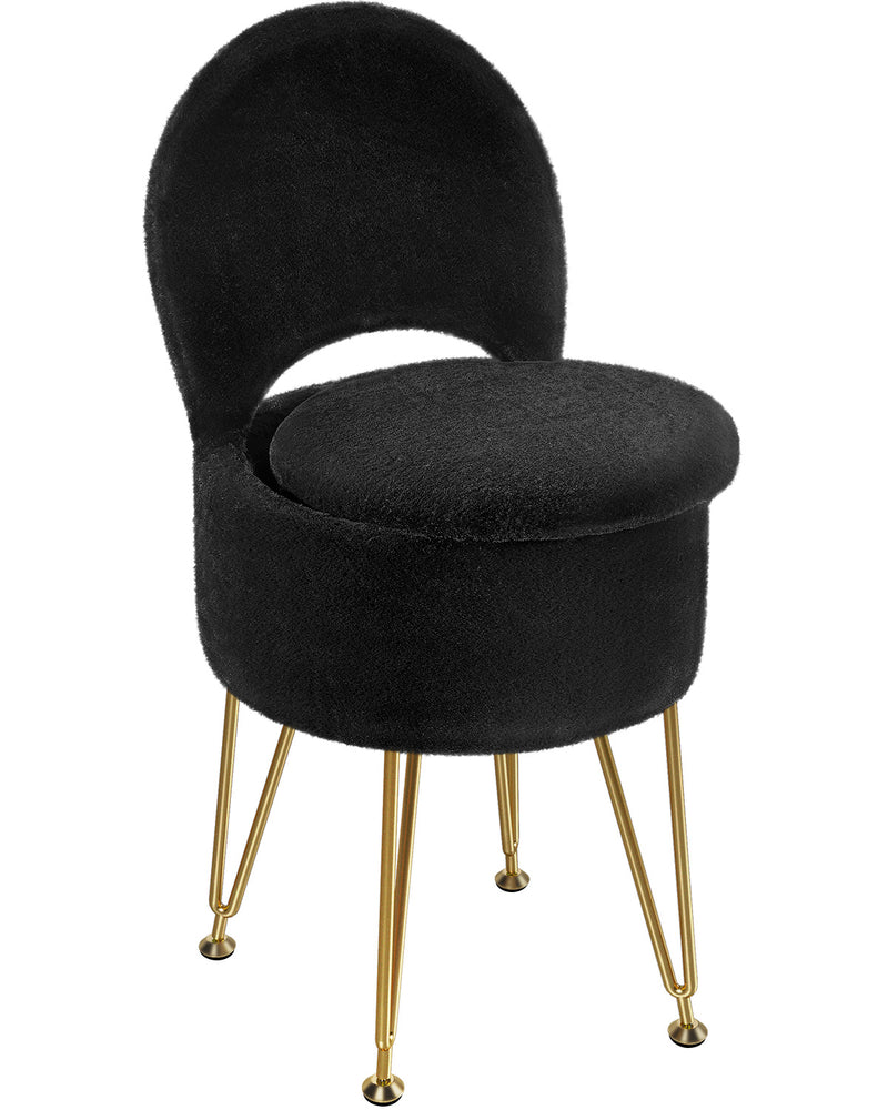 GREENSTELL Vanity Stool Chair with Storage and Folding Back, 15.7" x 15.7" x 19.5" Faux Fur Soft Ottoman for Adults, 4 Metal Legs with Anti-Slip Feet, Furry Padded Seat for Makeup, Bedroom