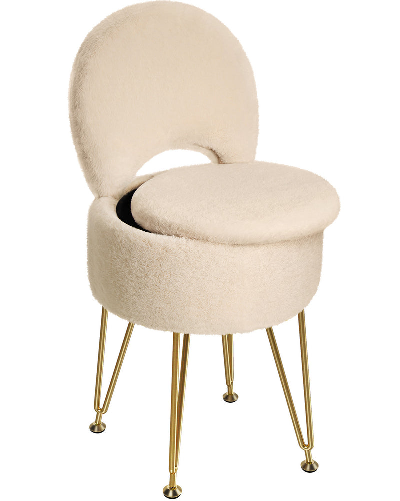 GREENSTELL Small Vanity Stool Chair with Storage and Folding Back, 13" x 13" x 17.7" Faux Fur Soft Ottoman for Teenager, 4 Metal Legs with Anti-Slip Feet, Furry Padded Seat for Makeup, Bedroom