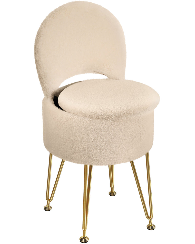 GREENSTELL Vanity Stool Chair with Storage and Folding Back, 15.7" x 15.7" x 19.5" Faux Fur Soft Ottoman for Adults, 4 Metal Legs with Anti-Slip Feet, Furry Padded Seat for Makeup, Bedroom