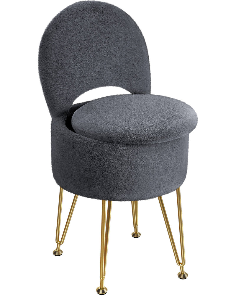 GREENSTELL Vanity Stool Chair with Storage and Folding Back, 15.7" x 15.7" x 19.5" Faux Fur Soft Ottoman for Adults, 4 Metal Legs with Anti-Slip Feet, Furry Padded Seat for Makeup, Bedroom