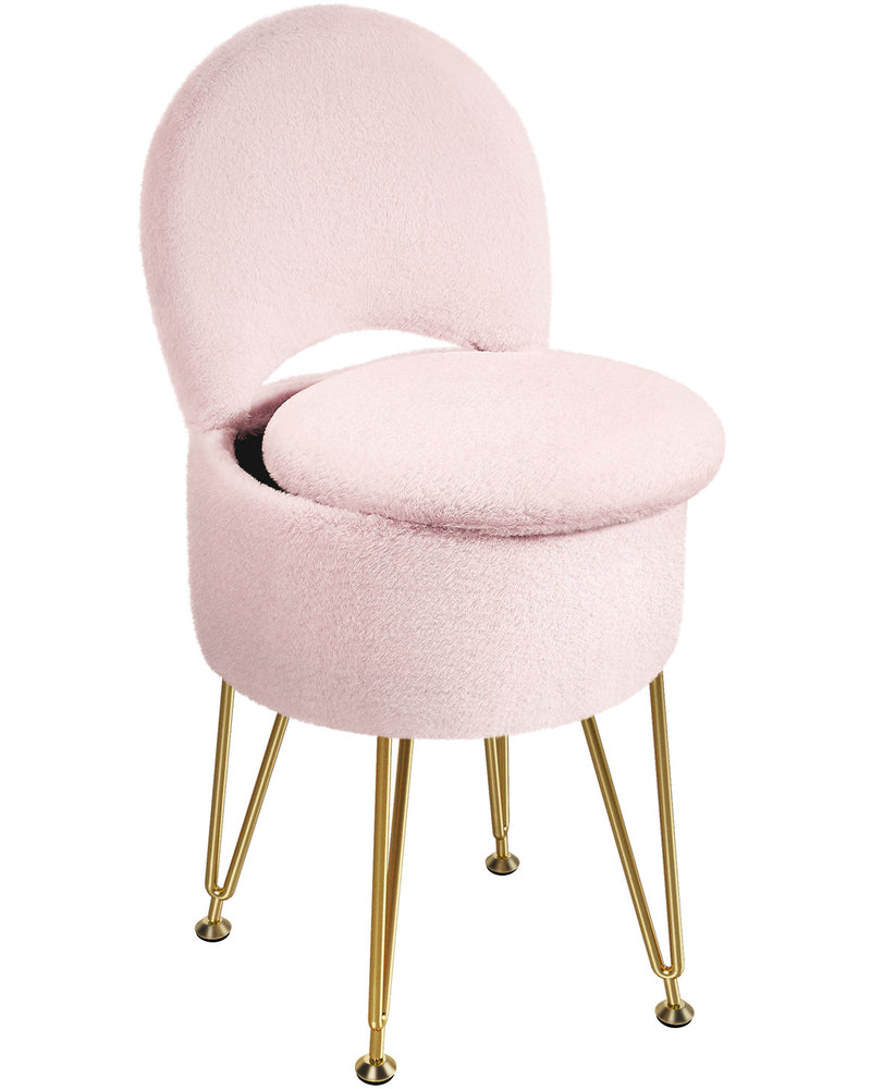 GREENSTELL Vanity Stool Chair with Storage and Folding Back, 15.7" x 15.7" x 19.5" Faux Fur Soft Ottoman for Adults, 4 Metal Legs with Anti-Slip Feet, Furry Padded Seat for Makeup, Bedroom
