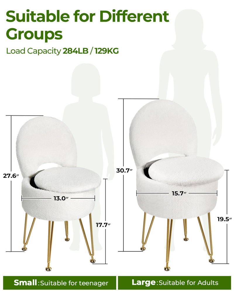 GREENSTELL Small Vanity Stool Chair with Storage and Folding Back, 13" x 13" x 17.7" Faux Fur Soft Ottoman for Teenager, 4 Metal Legs with Anti-Slip Feet, Furry Padded Seat for Makeup, Bedroom