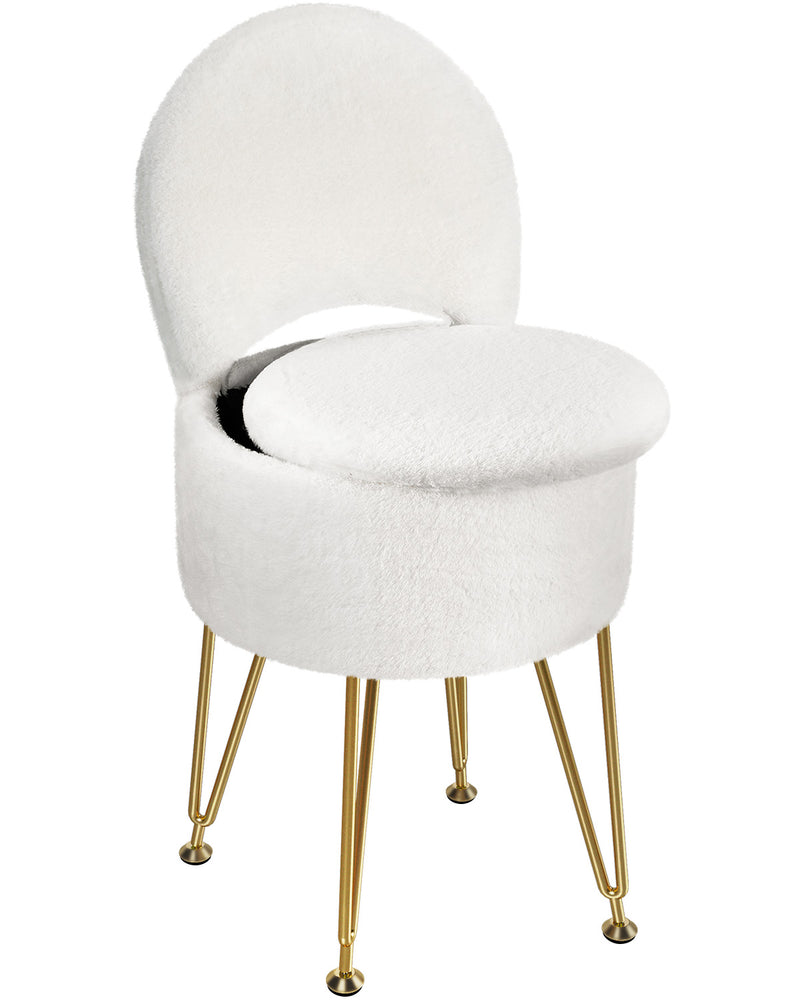 GREENSTELL Vanity Stool Chair with Storage and Folding Back, 15.7" x 15.7" x 19.5" Faux Fur Soft Ottoman for Adults, 4 Metal Legs with Anti-Slip Feet, Furry Padded Seat for Makeup, Bedroom