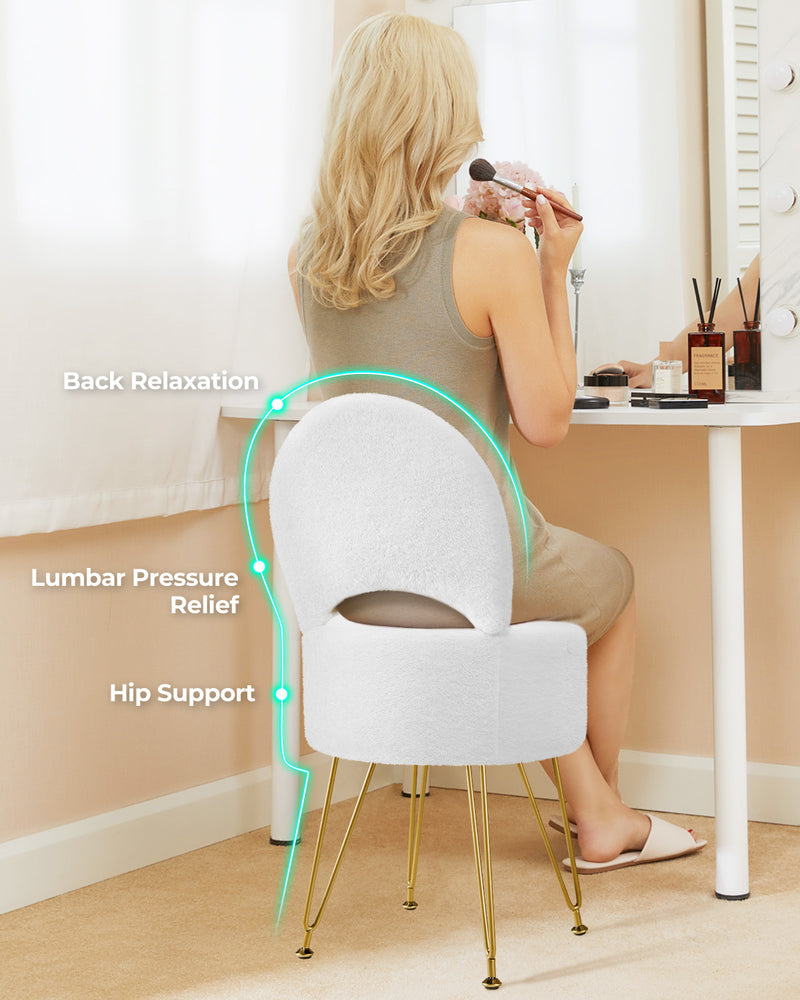 GREENSTELL Vanity Stool Chair with Storage and Folding Back, 15.7" x 15.7" x 19.5" Faux Fur Soft Ottoman for Adults, 4 Metal Legs with Anti-Slip Feet, Furry Padded Seat for Makeup, Bedroom