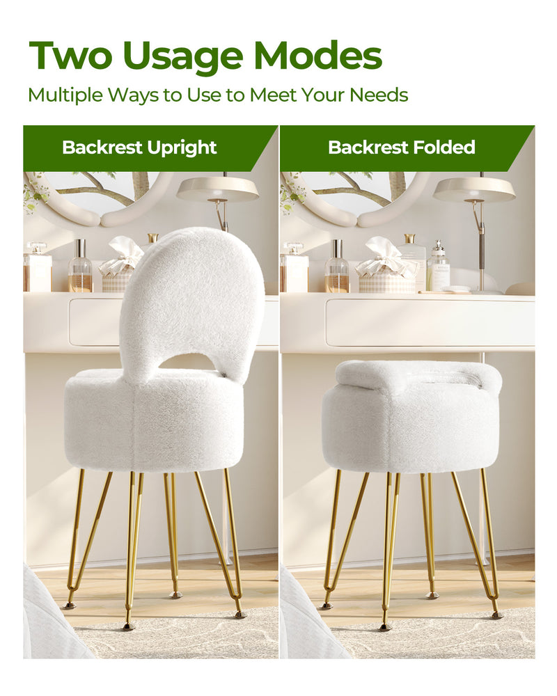 GREENSTELL Vanity Stool Chair with Storage and Folding Back, 15.7" x 15.7" x 19.5" Faux Fur Soft Ottoman for Adults, 4 Metal Legs with Anti-Slip Feet, Furry Padded Seat for Makeup, Bedroom