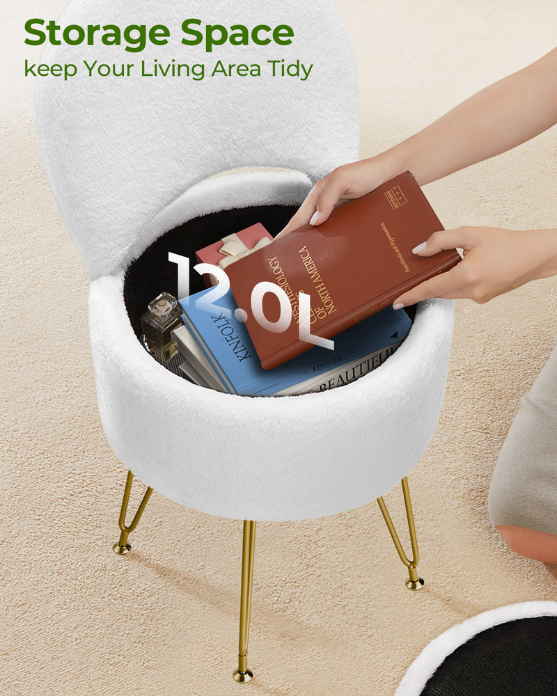 GREENSTELL Vanity Stool Chair with Storage and Folding Back, 15.7" x 15.7" x 19.5" Faux Fur Soft Ottoman for Adults, 4 Metal Legs with Anti-Slip Feet, Furry Padded Seat for Makeup, Bedroom