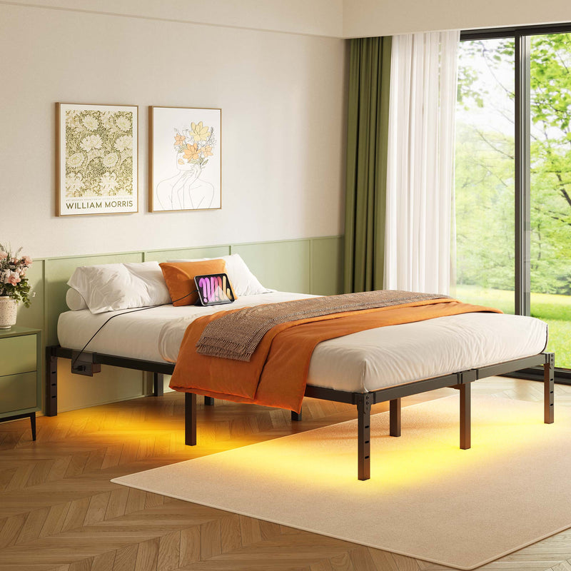 Greenstell Bed Frame - LED Heavy Duty Platform Bed with Underbed Storage and Charging Station , 14-Inch High Steel Slat Support, Non-Slip Design, No Box Spring Required
