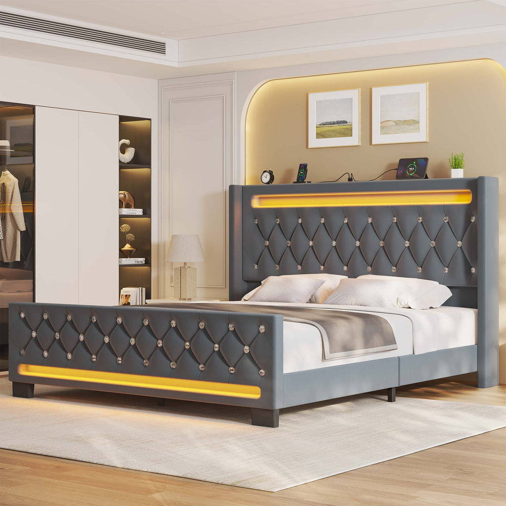 Greenstell Bed Frame with LED Light and Charging Station, Velvet Upholstered Platform Bed Frame with Diamond Tufted Headboard and Wingback