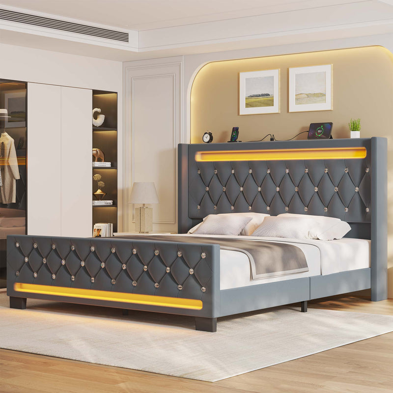 Greenstell Bed Frame with LED Light and Charging Station, Velvet Upholstered Platform Bed Frame with Diamond Tufted Headboard and Wingback