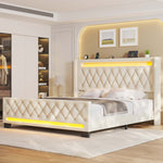Greenstell Bed Frame with LED Light and Charging Station, Velvet Upholstered Platform Bed Frame with Diamond Tufted Headboard and Wingback