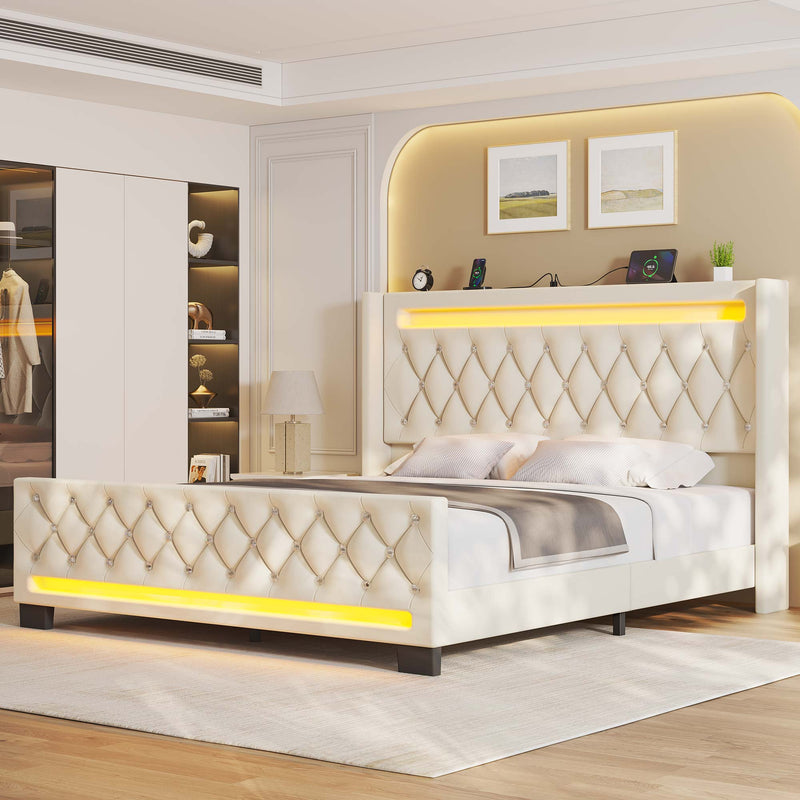 Greenstell Bed Frame with LED Light and Charging Station, Velvet Upholstered Platform Bed Frame with Diamond Tufted Headboard and Wingback