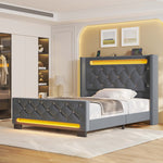 Greenstell Bed Frame with LED Light and Charging Station, Velvet Upholstered Platform Bed Frame with Diamond Tufted Headboard and Wingback