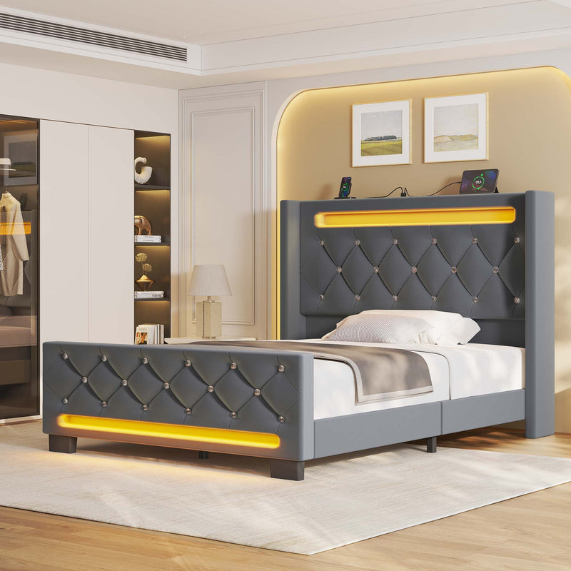Greenstell Bed Frame with LED Light and Charging Station, Velvet Upholstered Platform Bed Frame with Diamond Tufted Headboard and Wingback