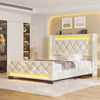 Greenstell Bed Frame with LED Light and Charging Station, Velvet Upholstered Platform Bed Frame with Diamond Tufted Headboard and Wingback