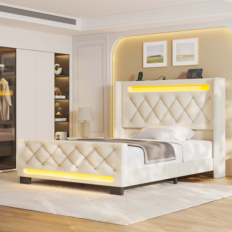 Greenstell Bed Frame with LED Light and Charging Station, Velvet Upholstered Platform Bed Frame with Diamond Tufted Headboard and Wingback
