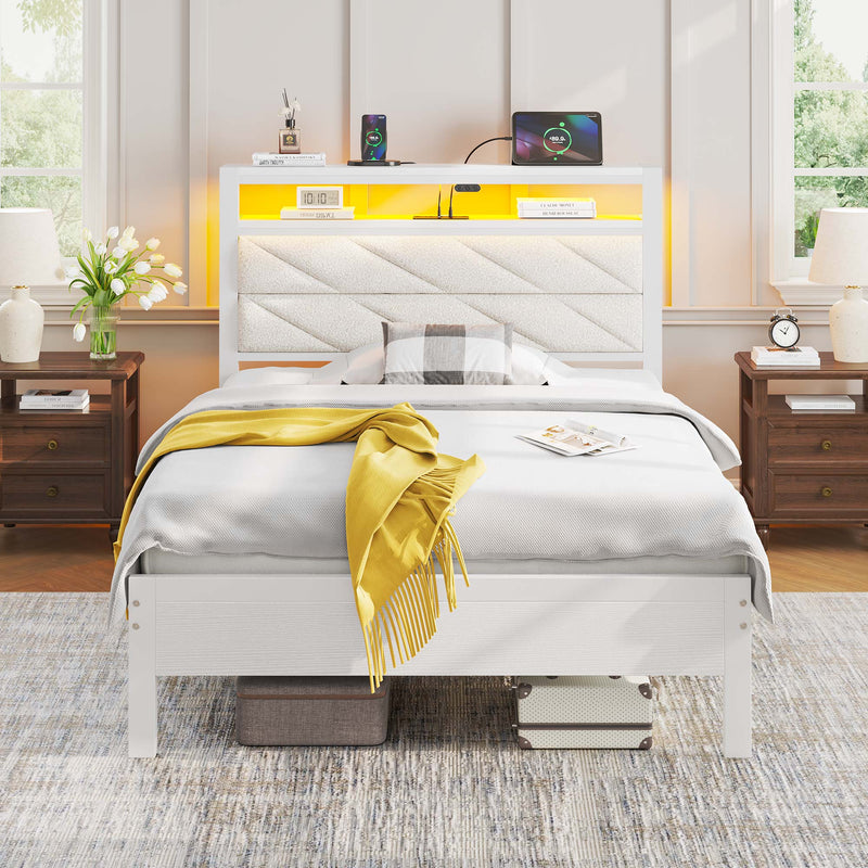 Greenstell LED Bed Frame with Headboard Storage - Charging Station