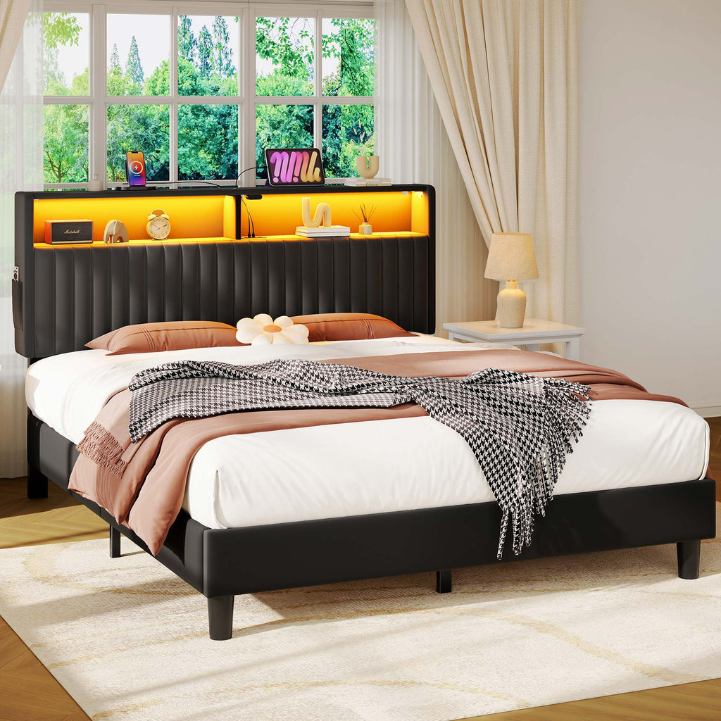 Greenstell Bed Frame with LED Light & Platform Bed with Upholstered Storage Headboard USB Ports & Charging Station