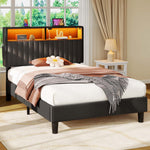 Greenstell Bed Frame with LED Light & Platform Bed with Upholstered Storage Headboard USB Ports & Charging Station