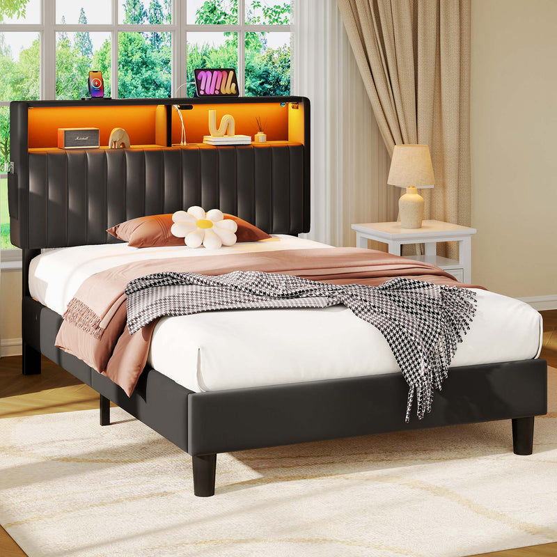 Greenstell Bed Frame with LED Light & Platform Bed with Upholstered Storage Headboard USB Ports & Charging Station