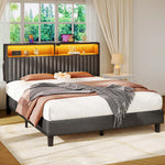 Greenstell Bed Frame with LED Light & Platform Bed with Upholstered Storage Headboard USB Ports & Charging Station
