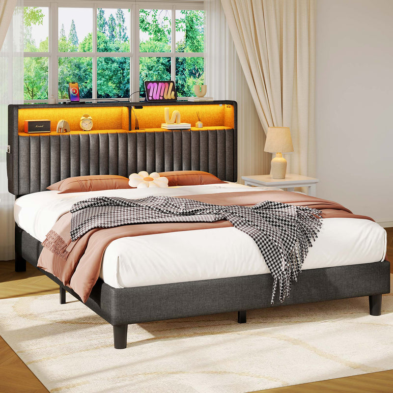 Greenstell Bed Frame with LED Light & Platform Bed with Upholstered Storage Headboard USB Ports & Charging Station