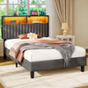 Greenstell Bed Frame with LED Light & Platform Bed with Upholstered Storage Headboard USB Ports & Charging Station