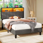 Greenstell Bed Frame with LED Light & Platform Bed with Upholstered Storage Headboard USB Ports & Charging Station