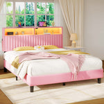 Greenstell Bed Frame with LED Light & Platform Bed with Upholstered Storage Headboard USB Ports & Charging Station