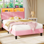 Greenstell Bed Frame with LED Light & Platform Bed with Upholstered Storage Headboard USB Ports & Charging Station