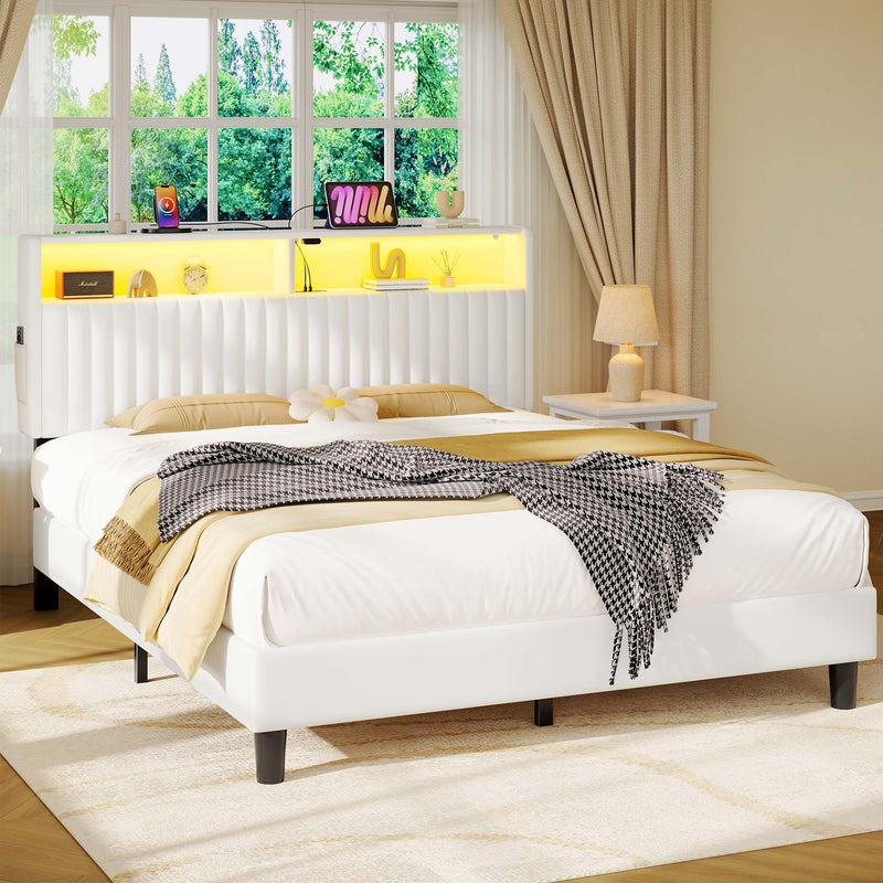 Greenstell Bed Frame with LED Light & Platform Bed with Upholstered Storage Headboard USB Ports & Charging Station