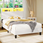 Greenstell Bed Frame with LED Light & Platform Bed with Upholstered Storage Headboard USB Ports & Charging Station