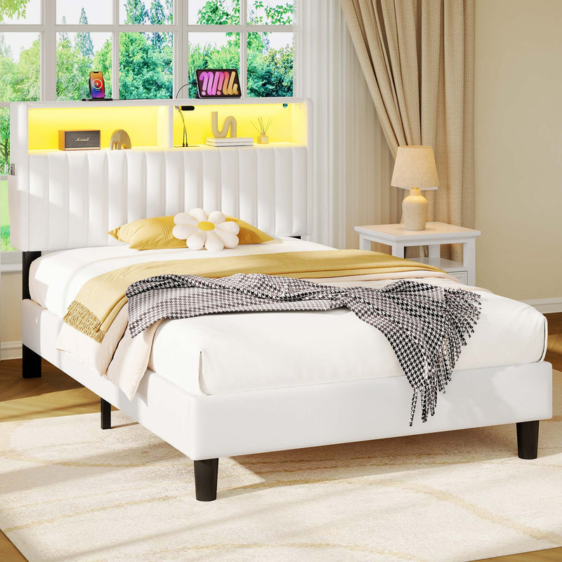 Greenstell Bed Frame with LED Light & Platform Bed with Upholstered Storage Headboard USB Ports & Charging Station