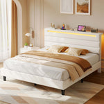 Greenstell Bed Frame with Upholstered Storage Headboard and LED Light, Bed Platform with Charging Station, USB Ports, Under-bed Storage