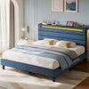 Greenstell Bed Frame with Upholstered Storage Headboard and LED Light, Bed Platform with Charging Station, USB Ports, Under-bed Storage