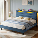 Greenstell Bed Frame with Upholstered Storage Headboard and LED Light, Bed Platform with Charging Station, USB Ports, Under-bed Storage