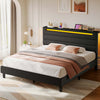 Greenstell Bed Frame with Upholstered Storage Headboard and LED Light, Bed Platform with Charging Station, USB Ports, Under-bed Storage