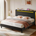 Greenstell Bed Frame with Upholstered Storage Headboard and LED Light, Bed Platform with Charging Station, USB Ports, Under-bed Storage